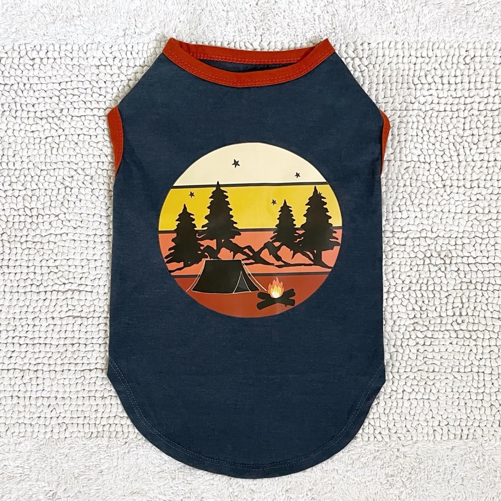 Frisco by Chewy | Dog Camping Graphic Tee | Size Medium, Steel Blue/Rust